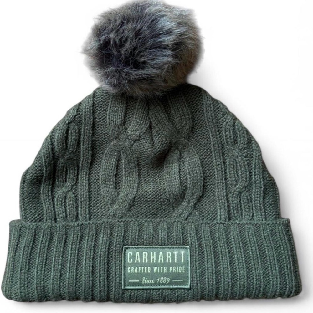 Women’s Carhartt green beanie pom pom hat cable knit
